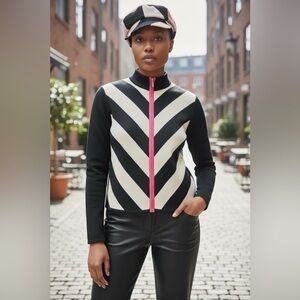 St. John Collection knit full-zip cardigan sweater black/white/hot pink chevron